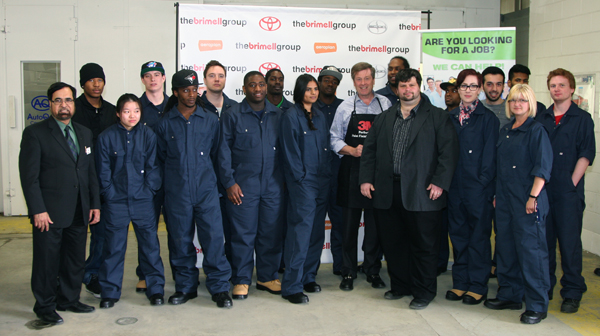 AYCE Collision and Auto Repair program students pose with John Tory, 2014 Toronto Mayoral Candidate, Marc Tremblay AYCE collision pre-apprenticeship program coordinator and Mohammad 