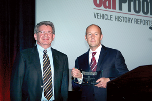 Dealer of the Year award, presented by Equifax Canada went to Pfaff Volkswagen. Mark Fisher, COO at Pfaff Automotive Partners (right), accepted the award from Equifax’s George Staikos, on behalf of Pfaff VW GM Andrew Lennox