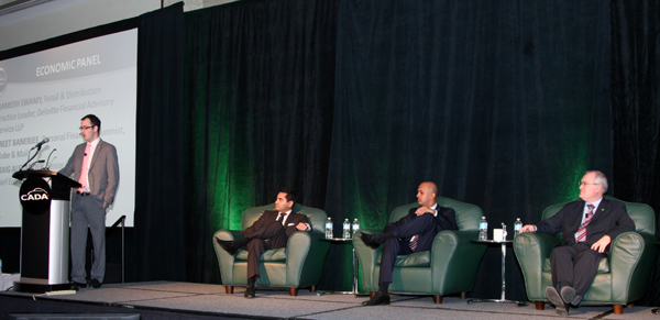 An Economic panel moderated by Michael Hatch, CADA’s chief economist, included (left to right) Globe and Mail financial columnist Preet Banerjee, Deloitte’s Ramesh Swamy and TD’s Craig Alexander.