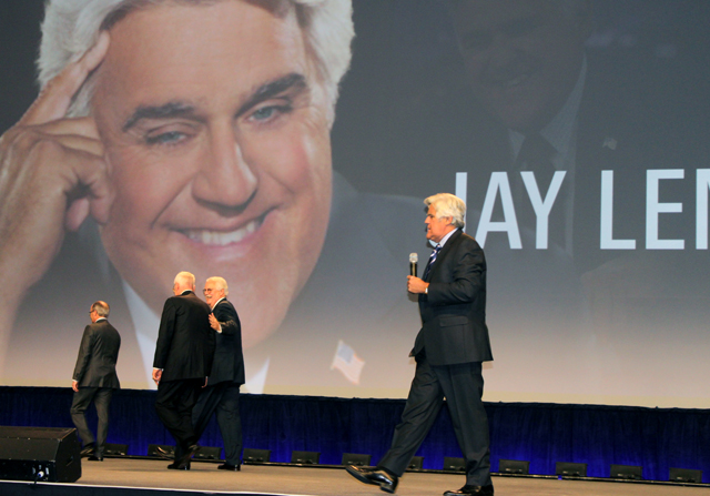 Funny man Jay Leno, a huge car buff, entertained dealers and shared his passion for vehicles.