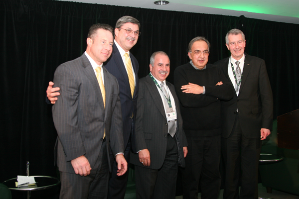 (Left to right, Reid Bigland, CEO, Chrysler Group and Chrysler Canada, Rick Gauthier, President and CEO, CADA, Frank Romeo, President PineView Hyundai, Sergio Marchionne, CEO Fiat Chrysler Automobiles, Ron Loveys, CADA Chairman and Dealer Principal, Whiteoak Ford Lincoln
