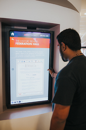 Students and faculty can access interactive touch screens with information about Federation Hall, the CADA and provincial associations and other industry news.