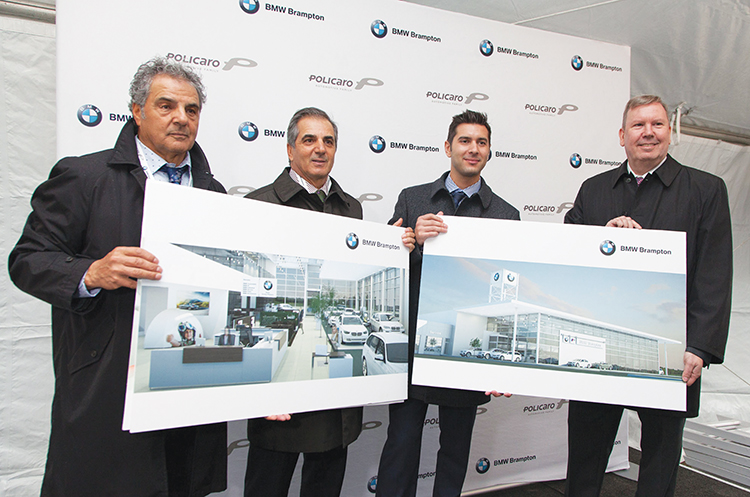 Left to right: Basil Policaro, Investor for the Policaro Automotive Group; Paul Policaro, Dealer Principal, BMW Brampton; Francesco A. Policaro, General Manager, BMW Brampton; and, Hans Blesse, President and CEO, BMW Group Canada at the groundbreaking ceremony