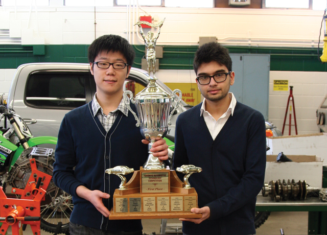 Agincourt Collegiate students Hansen Cao and Huzaifa Misbah, pose with their award for winning this year’s Toronto Automotive Technology Competition
